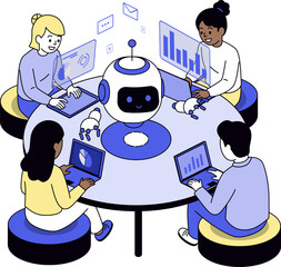Diverse people work on gadgets around a table with a smiling robot assistant, surrounded by data charts and icons. Ideal for abstract, teamwork, or modern office design concepts.