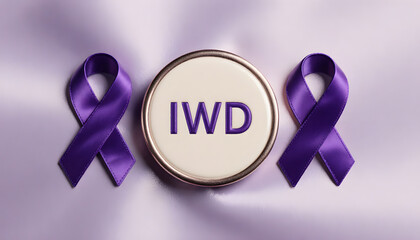 Stylized purple ribbon lapel pins with embossed &ldquo;IWD&rdquo; lettering for International Women&rsquo;s Day  