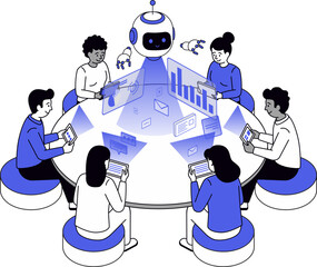 Diverse people work on gadgets around a table with a smiling robot assistant, surrounded by data charts and icons. Ideal for abstract, teamwork, or modern office design concepts.