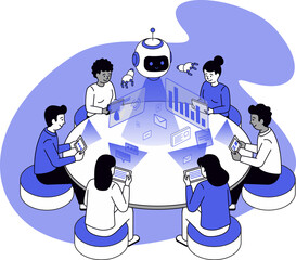 Diverse people work on gadgets around a table with a smiling robot assistant, surrounded by data charts and icons. Ideal for abstract, teamwork, or modern office design concepts.