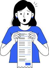 Cartoon woman in a blue shirt holds a long receipt, her eyes wide and mouth open in shock. Perfect for illustrating surprise, budgeting, or unexpected expenses in design projects.