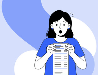 Cartoon woman in a blue shirt holds a long receipt, her eyes wide and mouth open in shock. Perfect for illustrating surprise, budgeting, or unexpected expenses in design projects.