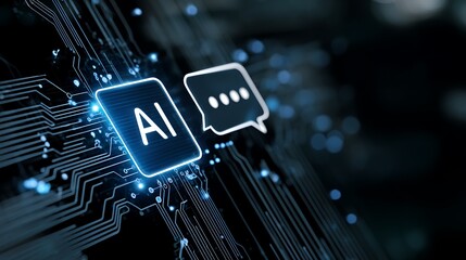 Glowing icons represent Artificial Intelligence with communication bubble on a circuit board background