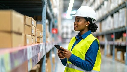 A Black female warehouse worker in a hard hat and high-visibility vest uses a mobile device to check inventory on shelves. - Powered by Adobe