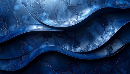 Close-up of undulating, layered, and lustrous blue textures with a metallic sheen. The abstract design features fluid curves
