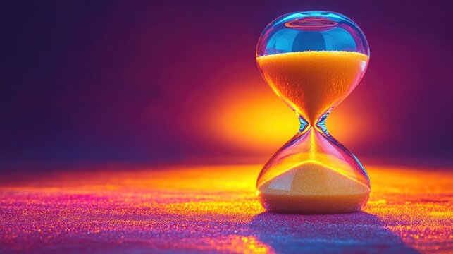 Hourglass with golden sand flowing against a purple and yellow background, deadlines urgency time management concept