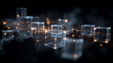Glowing translucent cubes connected by lines and dots, futuristic and abstract