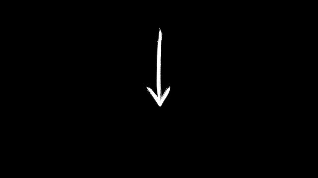 Hand-drawn down white arrow on a black background, Hand-drawn stop motion down arrow on a transparent background.