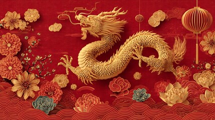 Golden dragon, paper flowers, and hanging lanterns against a textured red backdrop