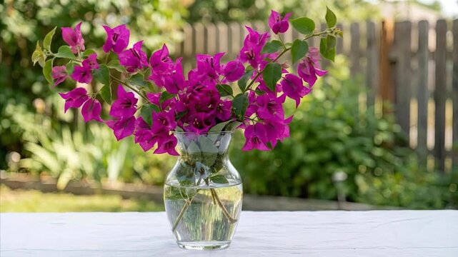 A beautiful arrangement of vibrant fuchsia-colored flowers with lush green leaves stands gracefully in a clear glass vase, filled with water and displaying delicate stems. The vase is placed on a pris