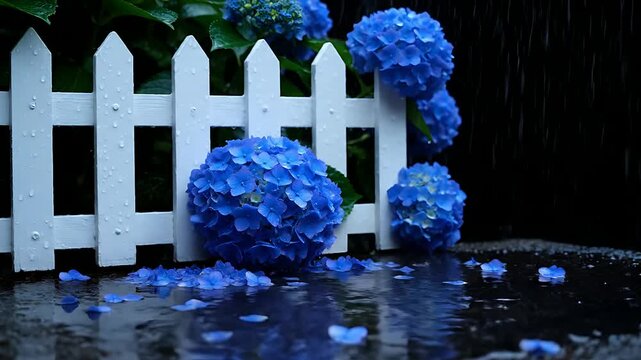 Blue hydrangeas blooming by a white picket fence on a rainy day with fallen petals.