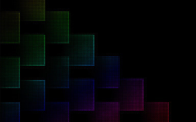 Modern abstract geometric background featuring halftone pattern and vibrant colors on black. Ideal for digital art, graphic design projects, or creative backgrounds.