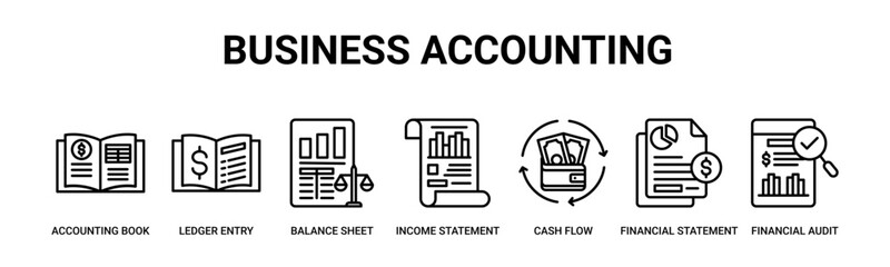 Business Accounting web banner icon vector illustration concept with icon of accounting book, ledger entry, balance sheet, income statement, cash flow, financial statement, financial audit.