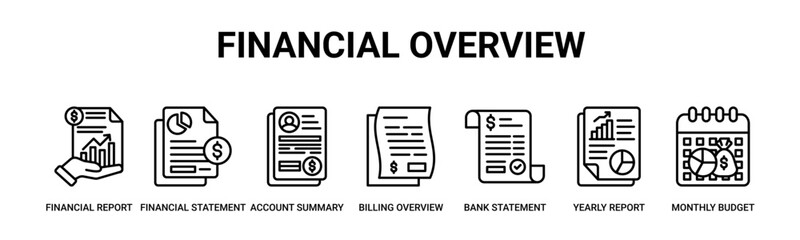 Financial Overview web banner icon vector illustration concept with icon of financial report, financial statement, account summary, billing overview, bank statement, yearly report, monthly budget.