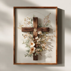 Floral Wooden Cross Christian Art &ndash; Generative AI