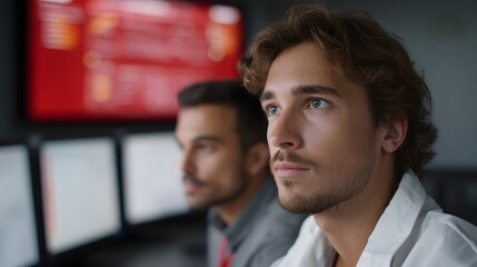 Two professionals intently observing data on multiple computer screens in a modern control room with a prominent red alert display