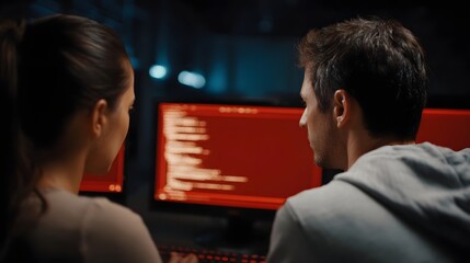 Two professionals collaborating intensely on computer screens displaying critical red code in a dark office environment