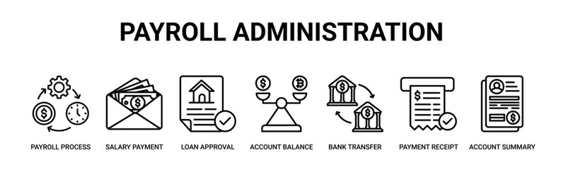 Payroll Administration web banner icon vector illustration concept with icon of payroll process, salary payment, loan approval, account balance, bank transfer, payment receipt, account summary.