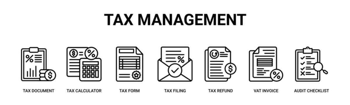 Tax Management web banner icon vector illustration concept with icon of tax document, tax calculator, tax form, tax filing, tax refund, vat invoice, audit checklist 
