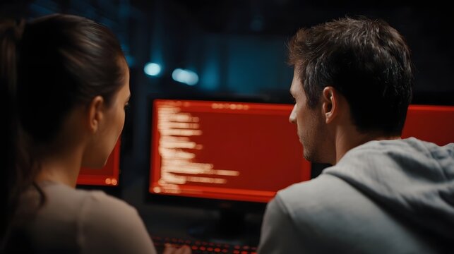 Two professionals collaborating intensely on computer screens displaying critical red code in a dark office environment - Powered by Adobe