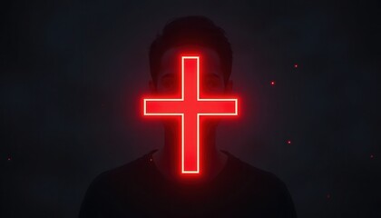 Obraz premium Man with Neon Cross Symbol Illuminated on Dark Background