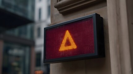 A digital alert display showing a yellow triangle warning symbol on a red background in an urban setting