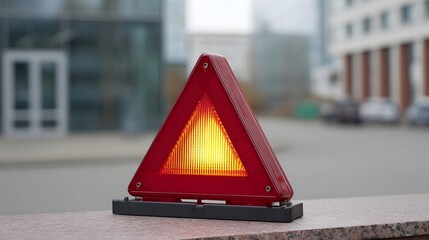 A red triangular warning light flashes orange on a stone ledge in front of blurred urban buildings