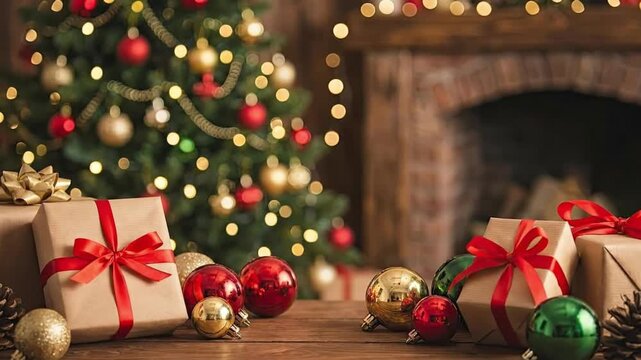 A beautifully composed scene captures the essence of festive celebrations, featuring thoughtfully wrapped presents adorned with vibrant red ribbons and elegant gold bows, nestled amongst shimmering sp