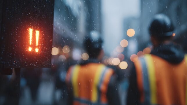 Red flashing double exclamation warning sign in heavy rain on a blurred city street with workers - Powered by Adobe