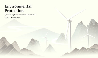 Chinese Style Eco Friendly Banner Landscape and Wind Power Illustration