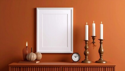 An autumnal scene with an empty framed picture, candles, pumpkins, and a clock on an orange surface against a matching wall