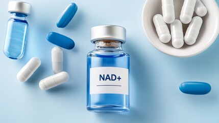 NAD vial with scattered white and pink pills on clean surface, symbolizing medical supplement and biochemical therapy.