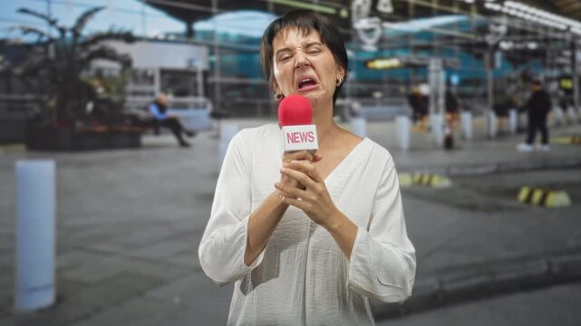 Woman reporter holding red microphone at airport terminal grimacing and sticking tongue out during onsite report; playful humor.