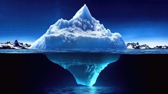 Iceberg above water symbolizes hidden depths and unseen potential. main objects, iceberg, water