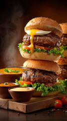 Double Cheeseburger on Wooden Board &ndash; Generative AI