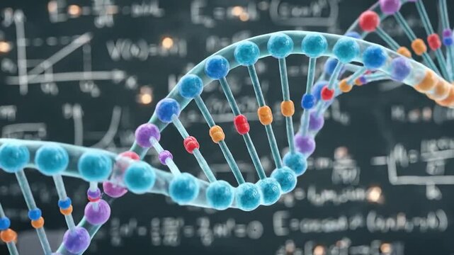 A captivating 3D animation showcases a vibrant, intricately rendered DNA double helix rotating gracefully against a subtly blurred background filled with scientific equations and diagrams on a dark ch