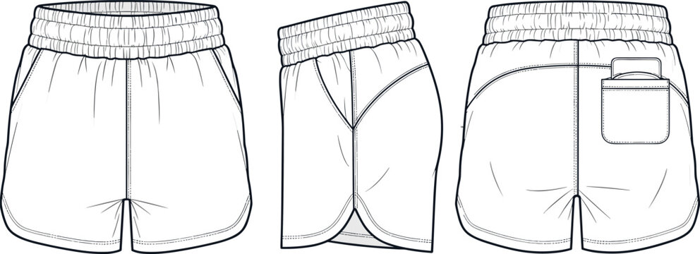 Activewear Women Running Shorts Technical Flat Sketch Vector Template with Elastic Waistband Side Pockets and Back Phone Pocket Design Illustration