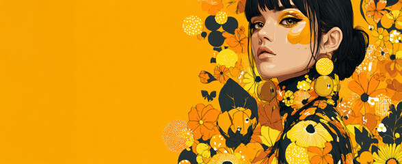 Retro Floral Fashion Portrait in Orange – Generative AI – no real persons