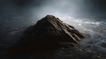 A dramatic moody and atmospheric view captures a solitary rugged rock emerging from dark misty and choppy ocean waters