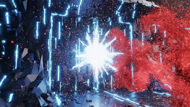 A vibrant, abstract scene with red particles exploding rightward, amidst blue glowing lines amid dark, geometric shapes