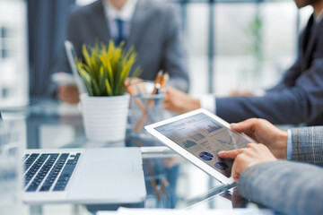 Business person analyzing financial statistics displayed on the tablet screen.