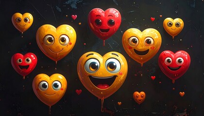 Whimsical digital artwork featuring cartoonish heart-shaped characters with expressive faces and varying colors. They float against a dark, textured background