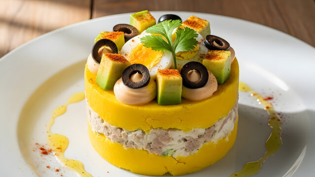 Peruvian causa rellena with tuna, avocado, egg, and olives, traditional south american dish