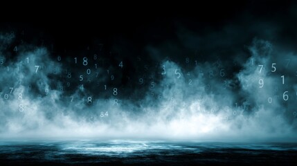 Mysterious Digital Landscape with Floating Numbers and Atmospheric Smoke Effects in Dark Background for Futuristic Concepts and Technology Themes