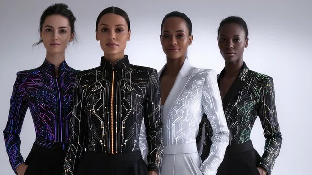 A group of diverse women models futuristic illuminated jackets inspired by circuit boards, representing empowerment and digital progress. The image blends technology, fashion, and inclusivity