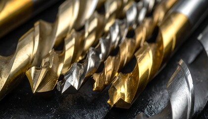 Close-up of various drill bits, showcasing metallic surfaces in a row. Focus highlights the helical shape and cutting edges