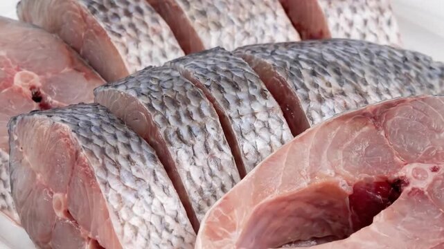 A captivating close-up showcases pristine raw fish steaks, expertly sliced and arranged on a clean white background. The intricate texture of the silvery scales is prominently featured, contrasting be