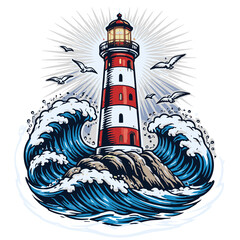 Detailed Colored Lighthouse Scene on Rock with Waves Nautical Illustration
