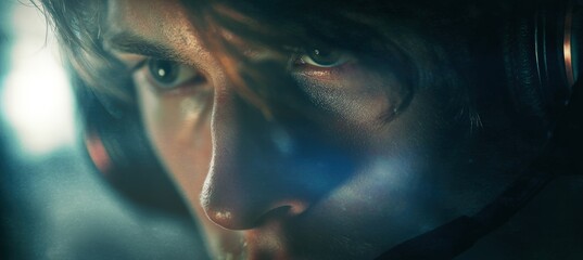 Gamer Immersed in Digital Light Haze with Dreamy Intensity in Fine Art Photography