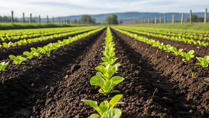 Obraz premium Green seedlings growing in rows on a farm field under blue sky 